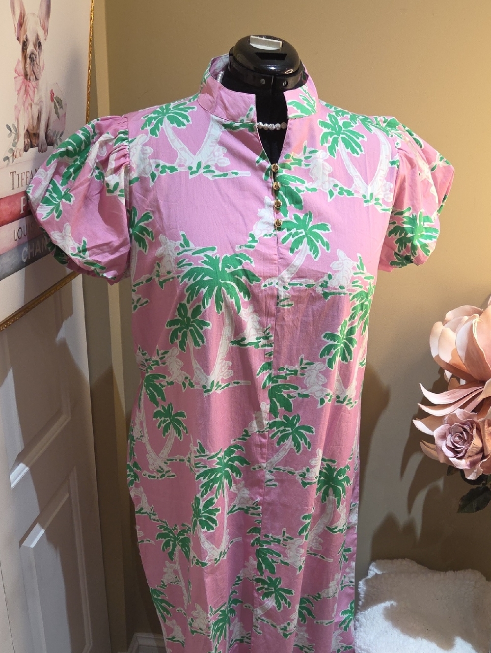 Nwt XXL STS SAIL TO SABLE Pink Palm-Print Maxi Dress with Mandarin Collar - Picture 16 of 17